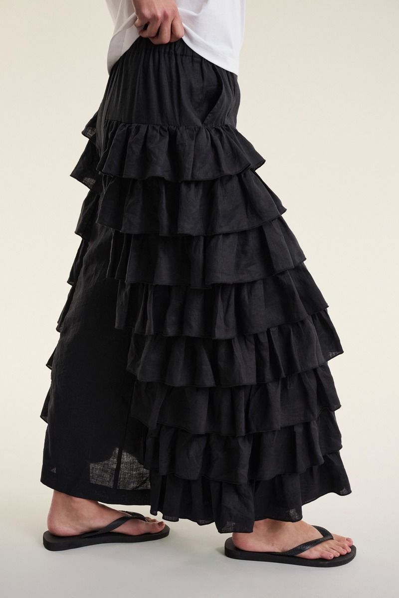 Airy linen byxor med volang