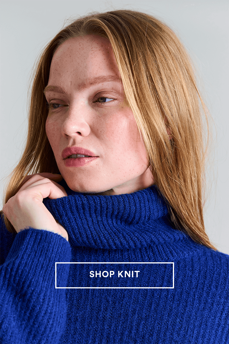 Model in blue Bitte Kai Rand knitwear. Button text: shop knit